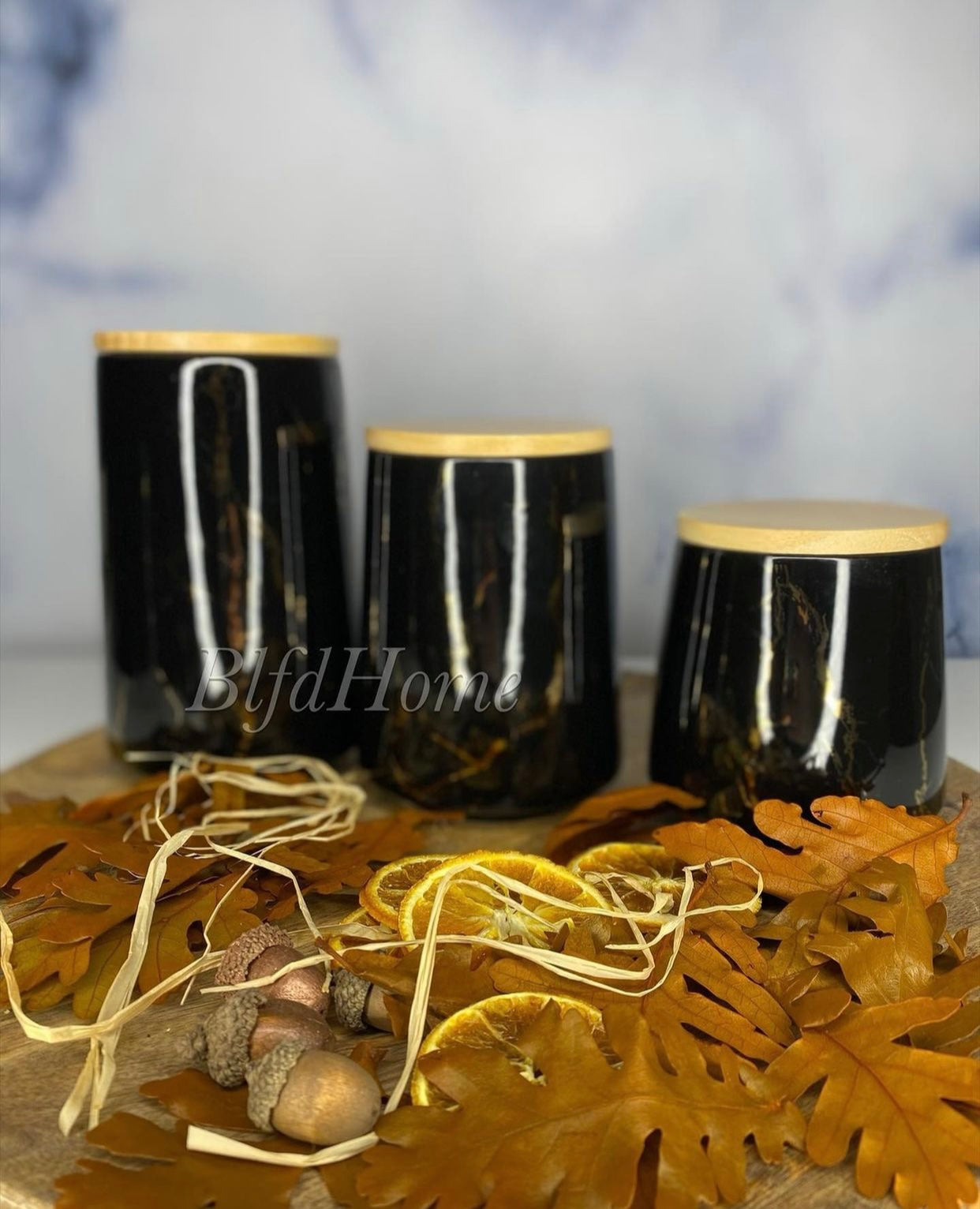 Black Marble Porzellan Würzbehälter mit Bambus Deckel